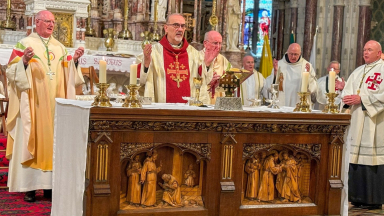 The Latin Patriarch of Jerusalem, His Beatitude Pierbattista Cardinal Pizzaballa ofm, celebrating Mass in the historic College Chapel of Saint Patrick’s College, Maynooth, during his first visit to Ireland in July 2024