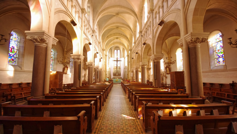 France small catholic church, pews, faith, europe