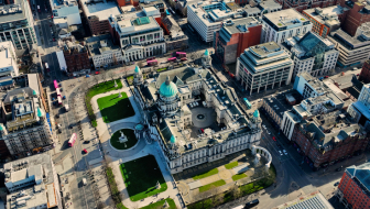 Belfast aerial view of City Hall, Northern Ireland