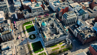 Belfast aerial view of City Hall, Northern Ireland