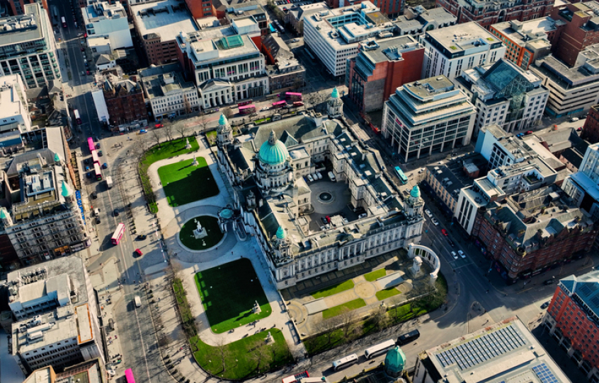 Belfast aerial view of City Hall, Northern Ireland