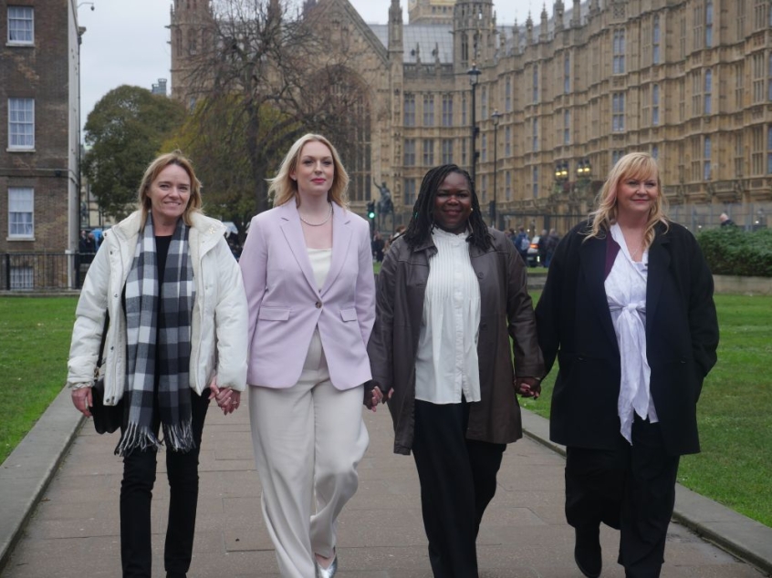 Sandie Peggie, Jennifer Melle and Darlington nurses, Bethany Hutchison and Lisa Lockey outside of parliament.