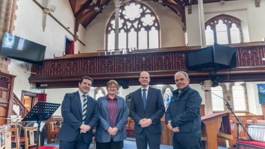 Communities Minister Gordon Lyons pictured at Bloomfield Presbyterian Church in Belfast